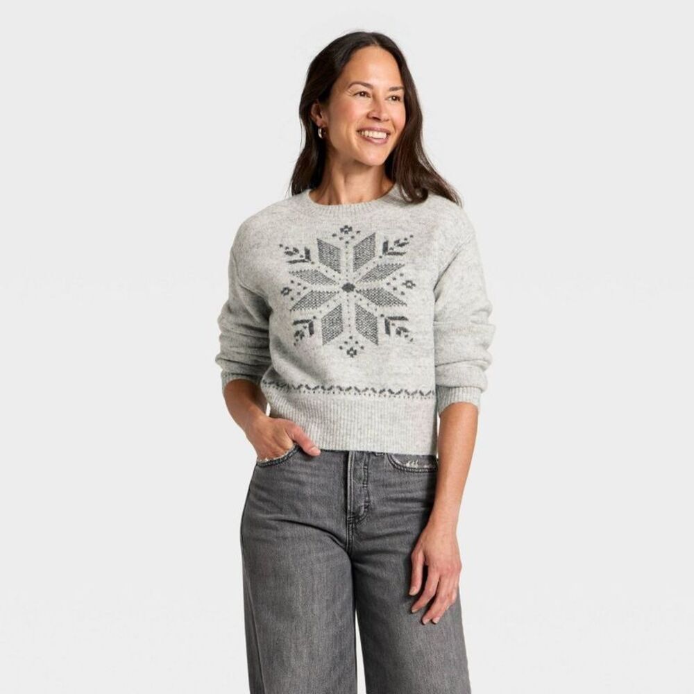 Women's Holiday Crewneck Pullover Sweater - Universal Thread Gray Snowflakes XS